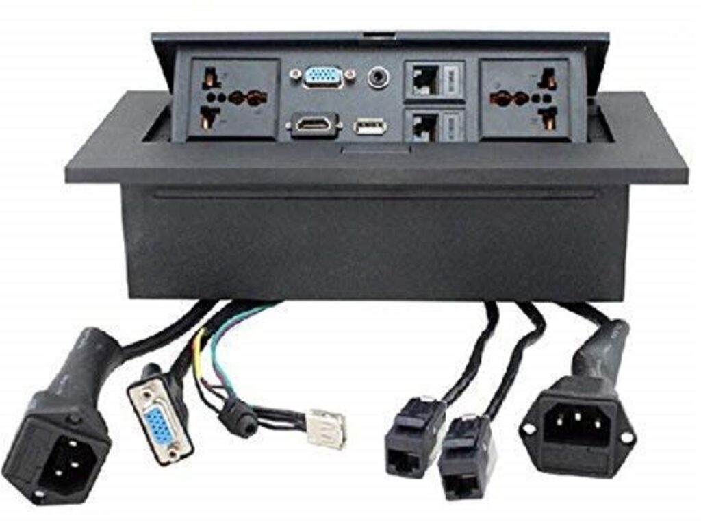 Clinux Hydraulic Pop-Up Cable Cubby Conference Table Box 2 Power + HDMI VGA USB RJ45 Audio — Gold