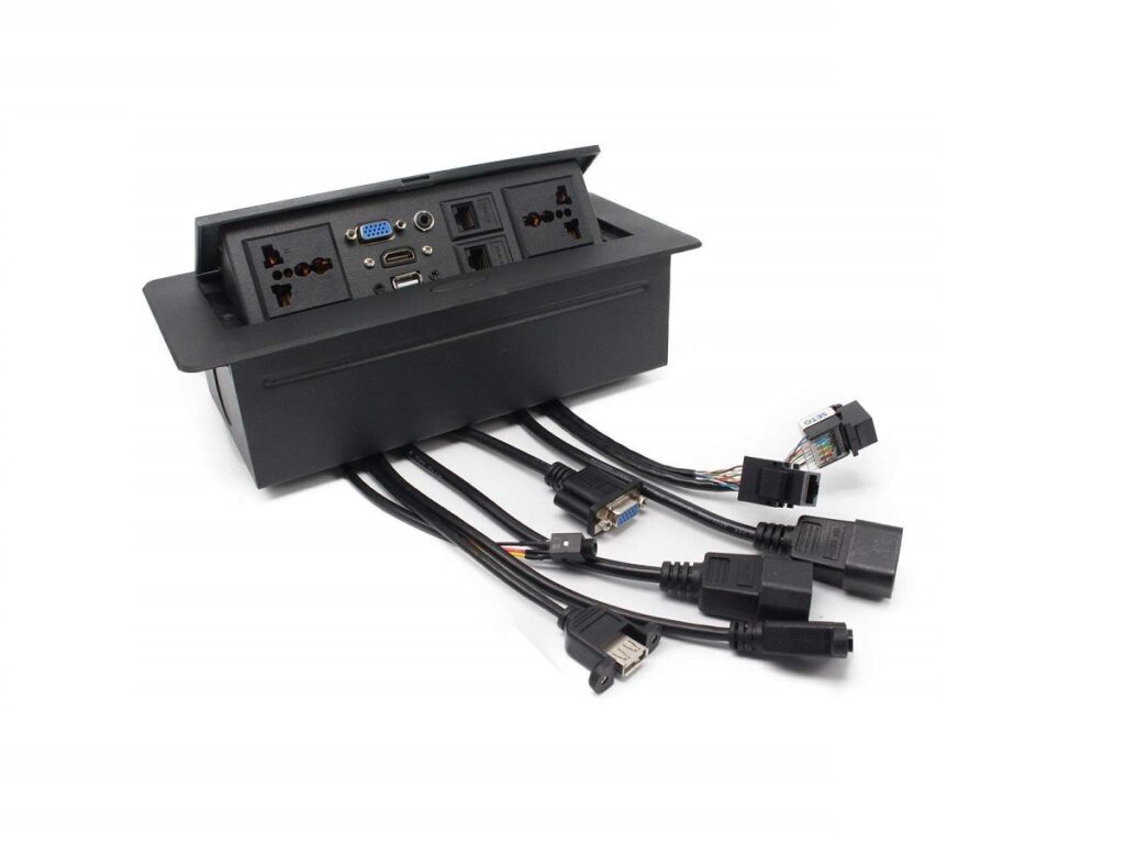 Clinux Motorized Pop-Up Cable Cubby Conference Table Box with Motor 2 Power + HDMI VGA USB RJ45