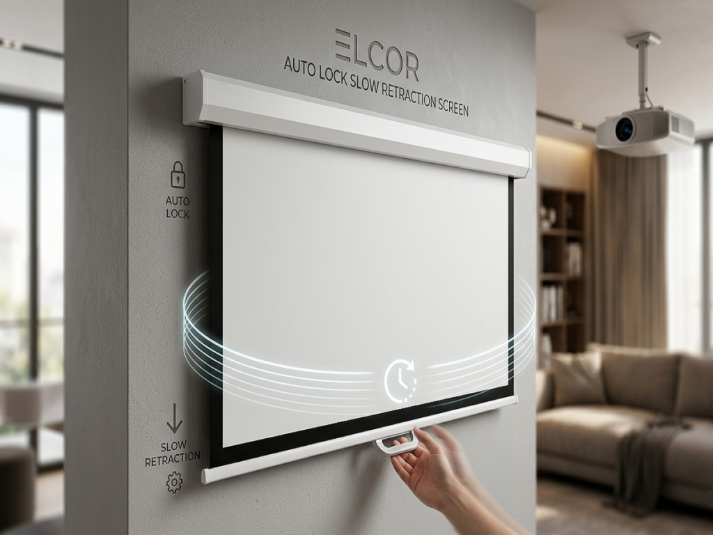 ELCOR Manual Slow Retract Pull-Down Projection Screen 100-Inch 4:3 UltraHD/4K